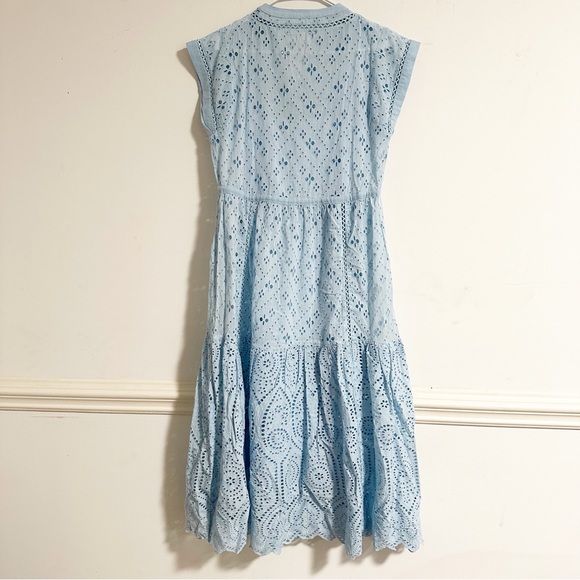 Sundance Astoria Eyelet Blue Buttoned Ruffled Cap Sleeve Tiered Midi Sun Dress - Picture 9 of 13
